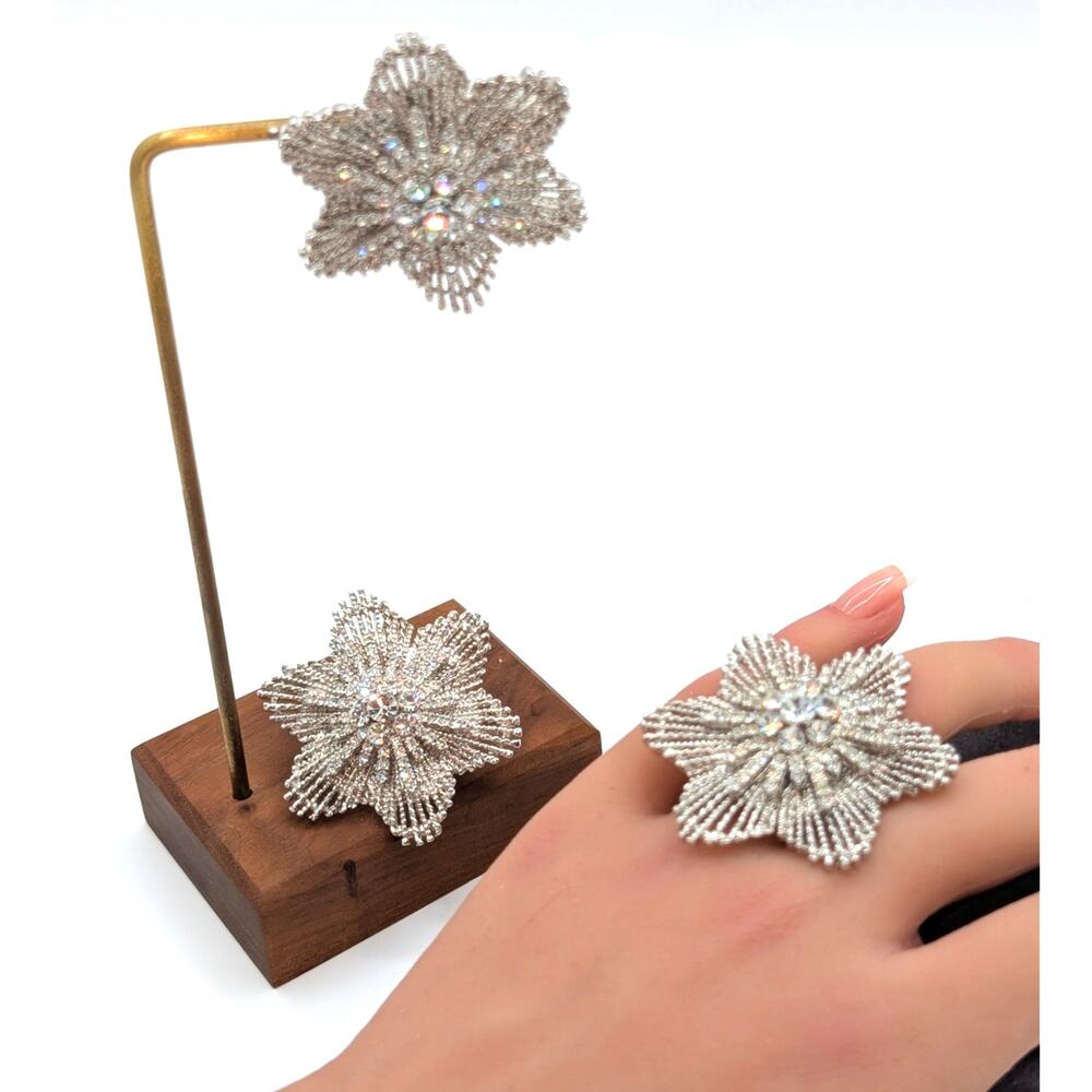 Sparkle Rhinestone Flower Silver Tone Stretch Ring & Matching Pierced Earrings